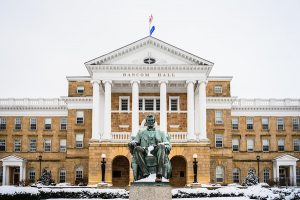 The Abraham Lincoln statue is pictured in front of Bascom Hall after a light snow at the University of Wisconsin-Madison during winter on Jan. 18, 2020. (Photo by Brian Huynh /UW-Madison)