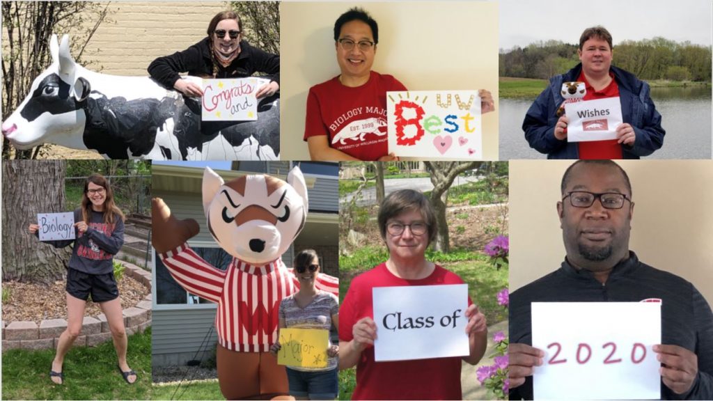 College of Biology Major staff with signs Congrats and Best Wishes Biology Major Class of 2020