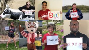 College of Biology Major staff with signs Congrats and Best Wishes Biology Major Class of 2020